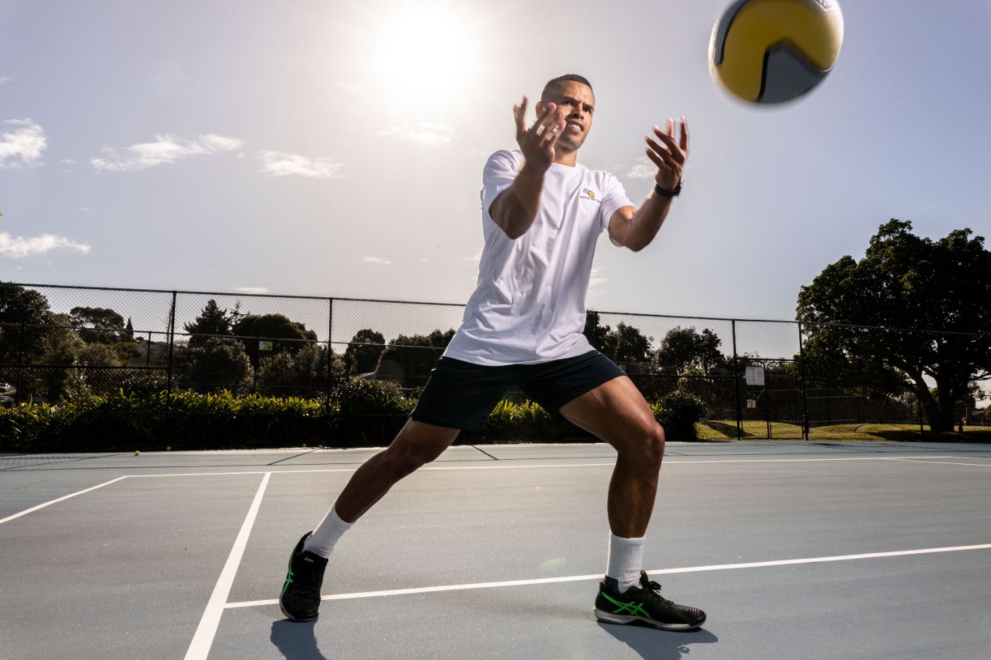 Athlete in a low, balanced single-leg stance